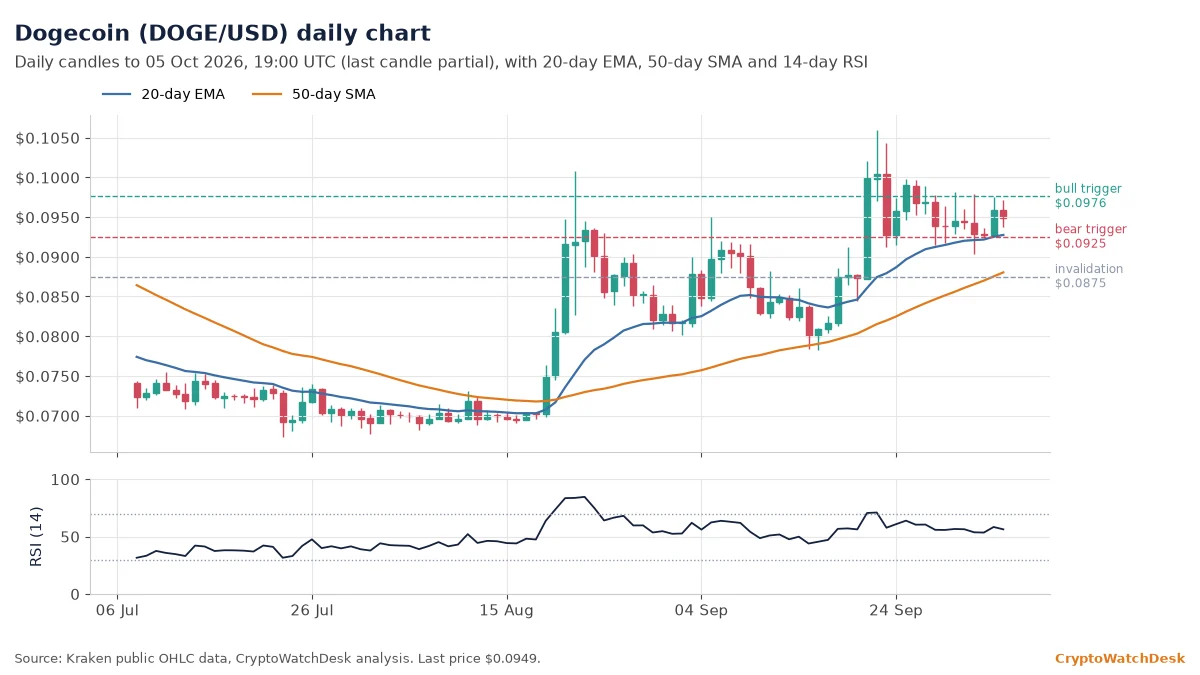 Dogecoin daily candlestick chart with 20-day EMA, 50-day SMA and RSI
