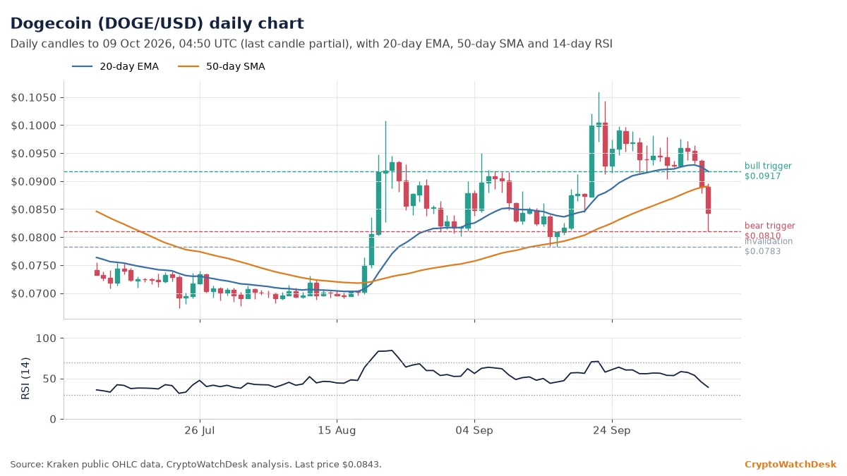 Dogecoin daily candlestick chart with 20-day EMA, 50-day SMA and RSI