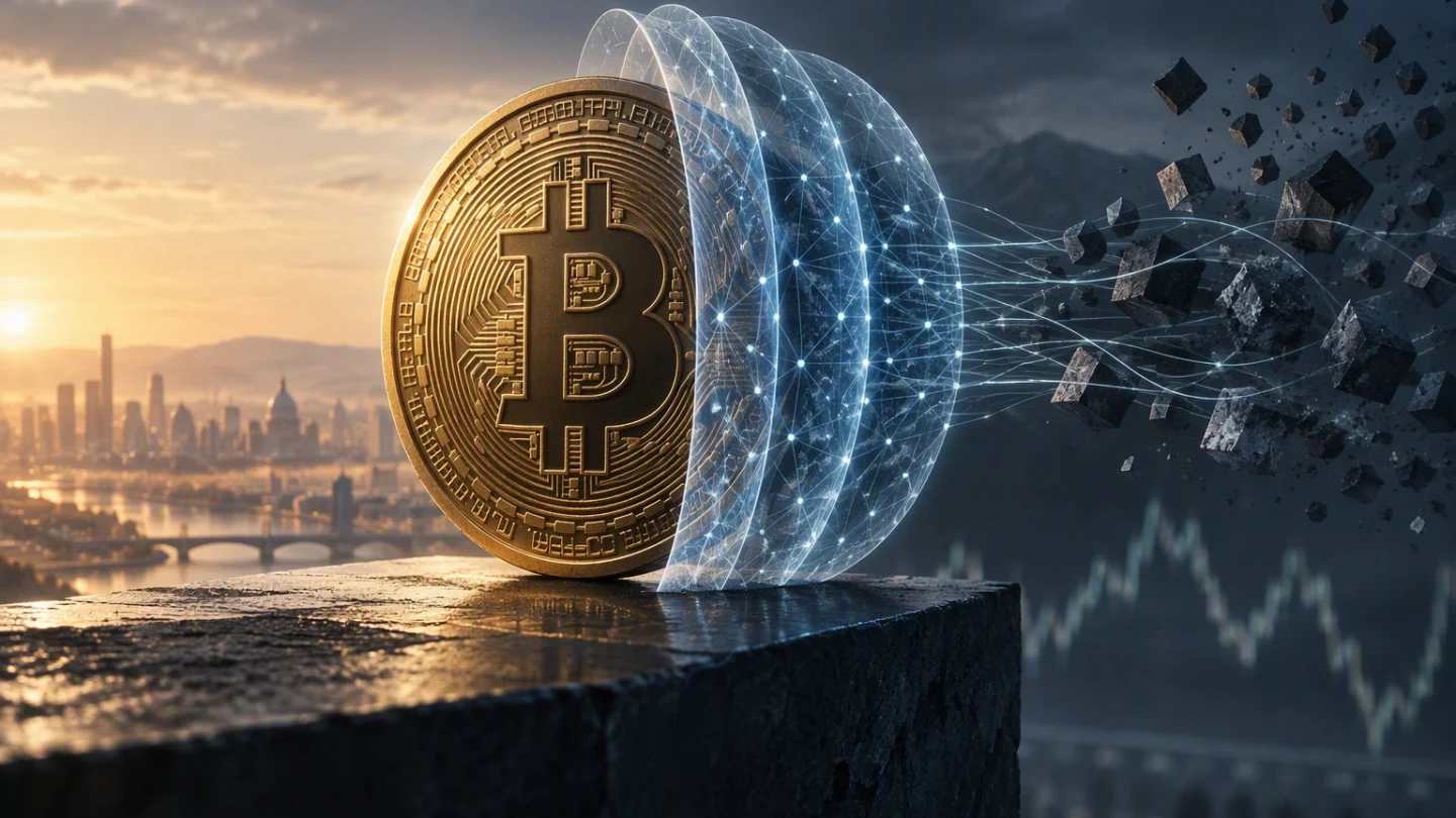 A gold bitcoin coin behind curved translucent lattice shields that scatter dark fragments flying toward it