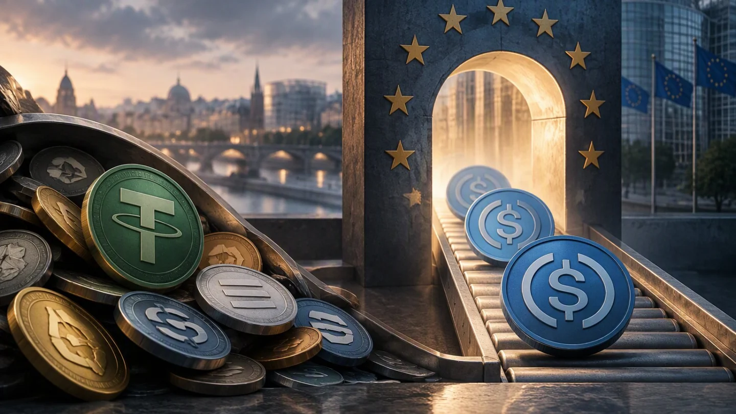 Rows of mismatched tokens on a conveyor passing through a single archway and emerging as uniform blue coins, with the EU's member states highlighted on a muted map behind, in charcoal, slate and blue