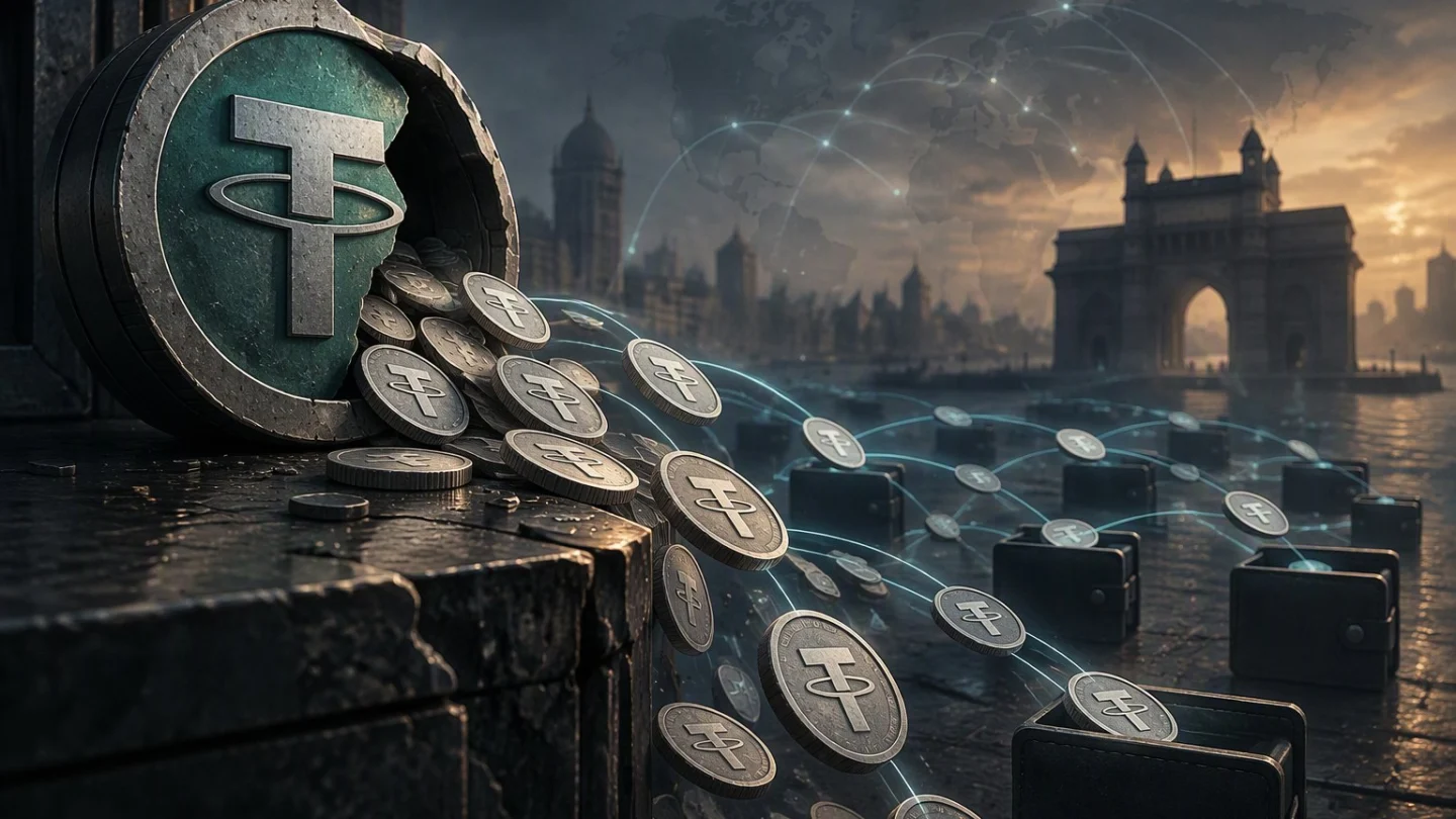 An old vault door left ajar in a dim archive, with a thin stream of coins slipping out towards a map of India, in charcoal, slate and blue