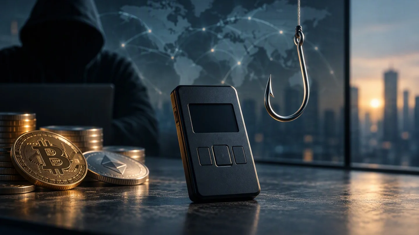 A black hardware wallet on a dark desk beside stacked coins, with a steel fishing hook hanging above it and a hooded silhouette behind