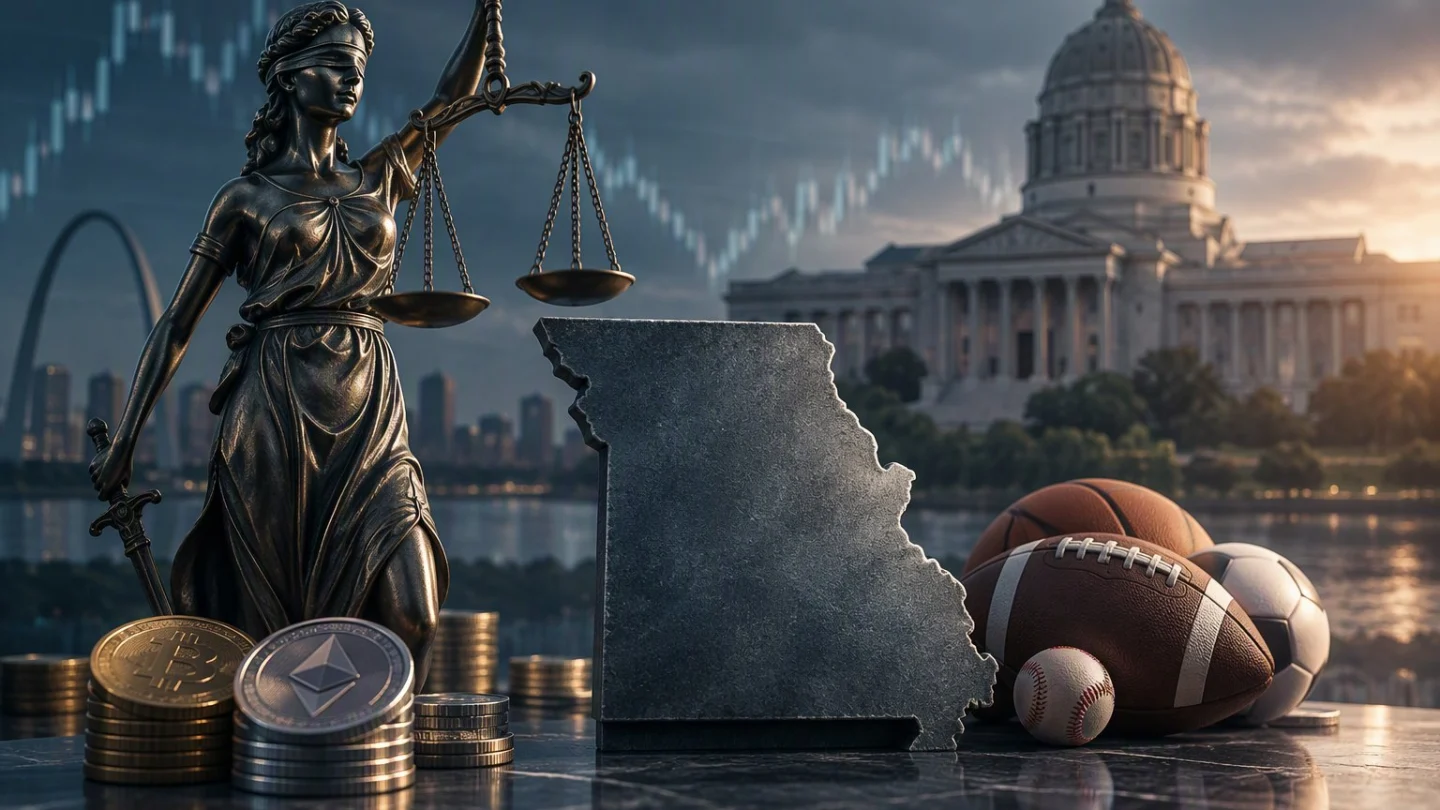 A bronze statue of Justice holding scales beside a stone outline of Missouri, sports balls and a stack of coins, with the St. Louis arch and a domed capitol behind