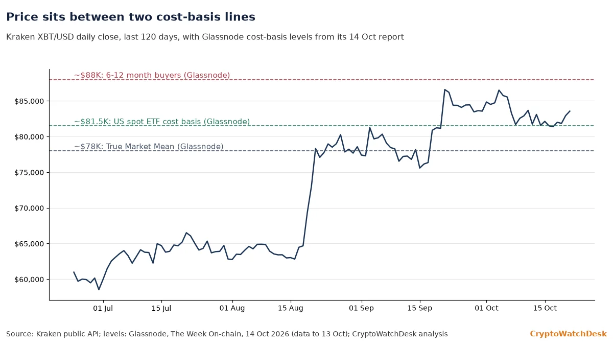 Daily bitcoin closes over 120 days with Glassnode's cost-basis levels at about $88,000, $81,500 and $78,000
