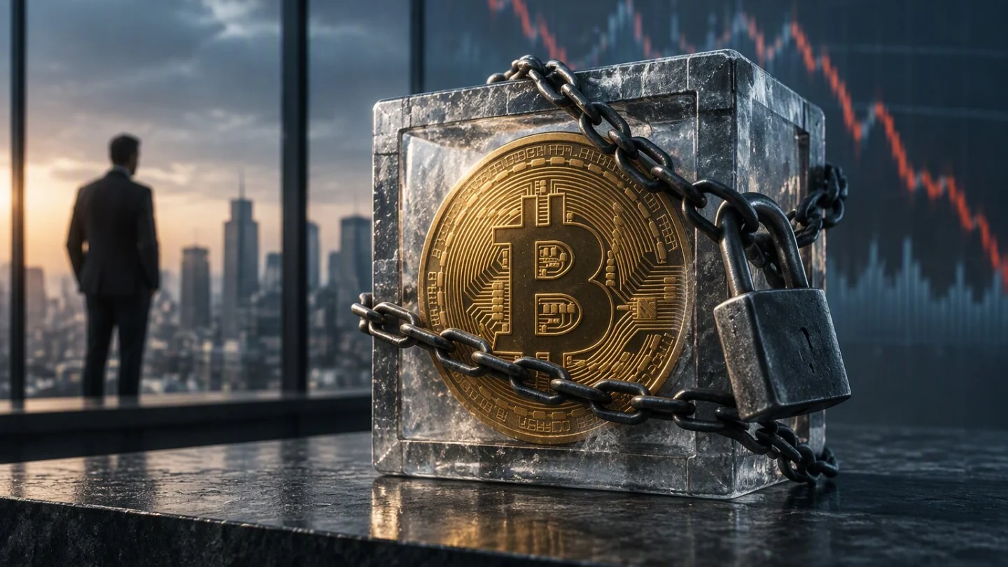A locked glass vault holding a stack of gold bitcoin coins, with a corporate ledger lying open in the foreground and a red correction line across its columns, in charcoal, slate and blue
