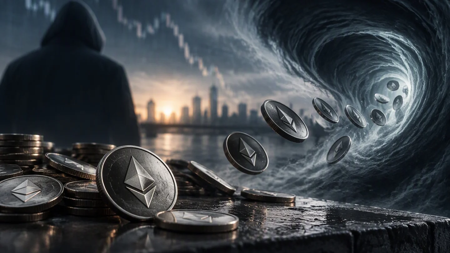 Ether coins sliding off a dark ledge into a swirling grey vortex, with a hooded figure and a city skyline in the background