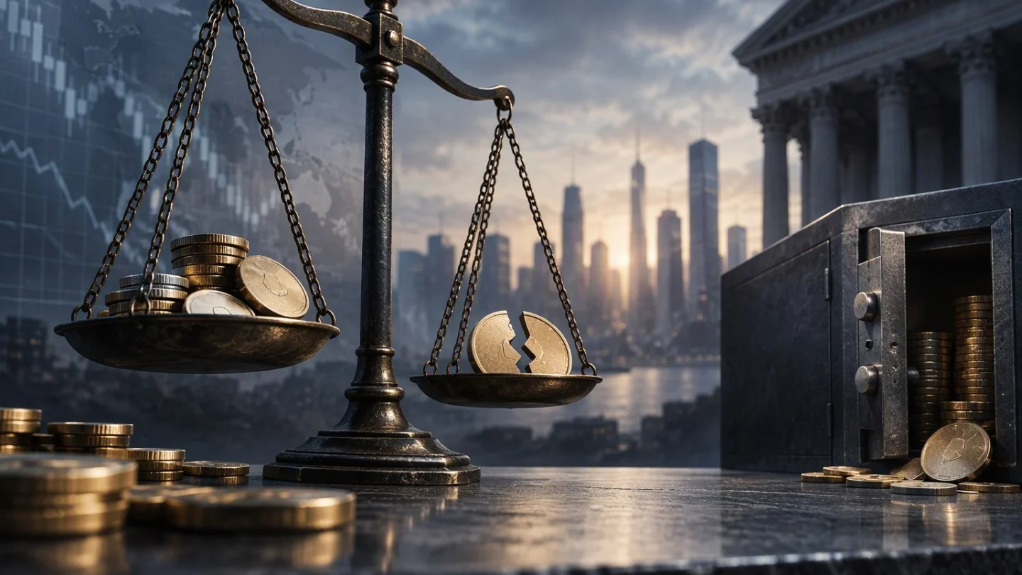 Balance scale with a cracked coin on one pan, a steel safe and a courthouse facade behind