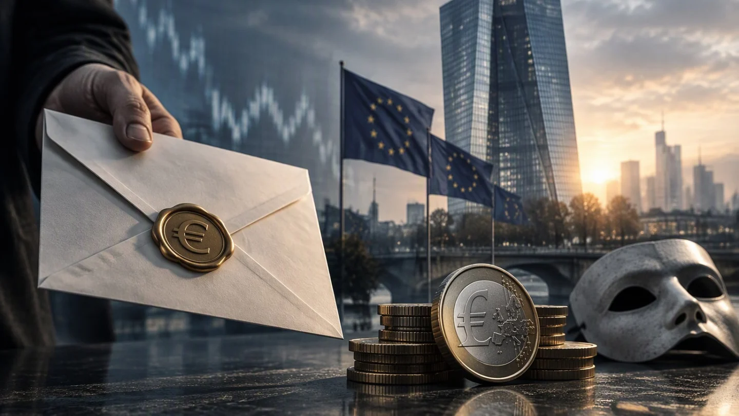 An official-looking envelope with a counterfeit wax seal resting on a kitchen table beside a euro coin, the outline of the euro area faintly highlighted on a map behind, in charcoal, slate and blue