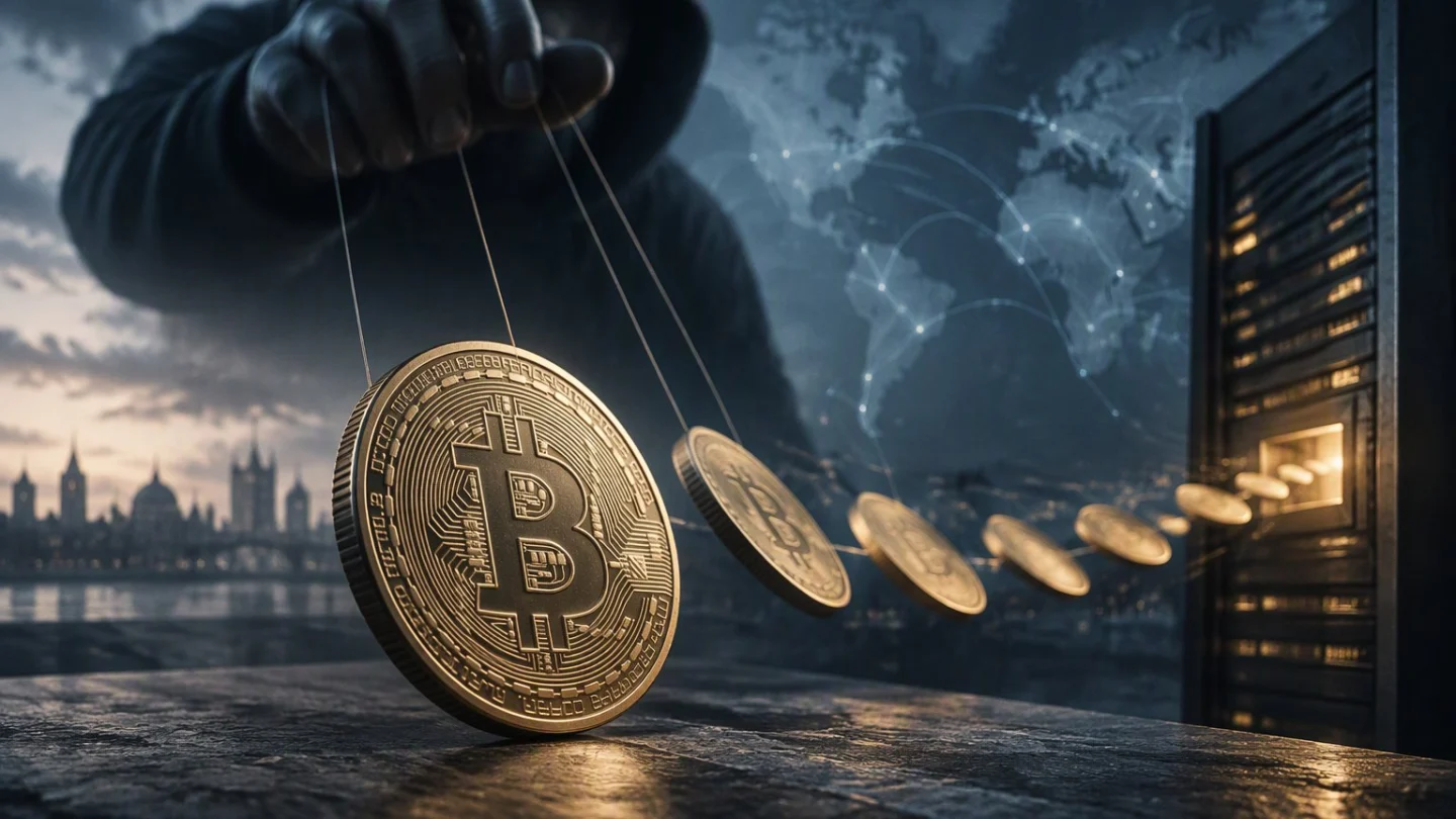 A hooded figure working bitcoin coins on strings like a puppeteer beside a glowing server rack, in charcoal, slate and blue