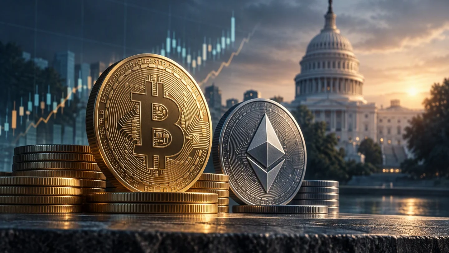 A gold bitcoin and a silver ether coin standing on stacks of coins, with a rising price chart and a domed government building at dusk behind them