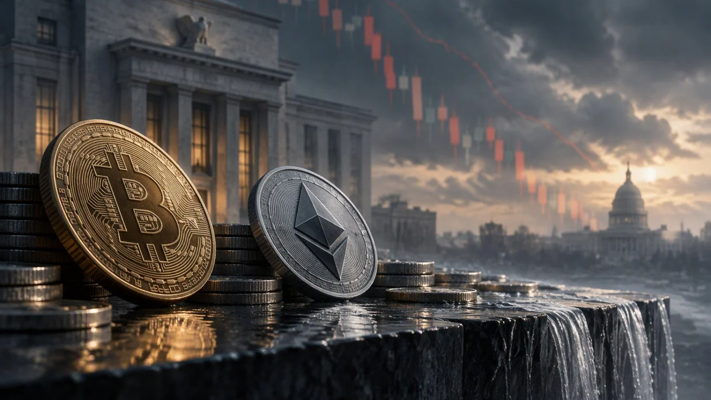 A gold bitcoin and a silver ether coin rest on a stone ledge where water spills over the edge, with a columned building, the US Capitol dome and falling red price candles in a stormy sky