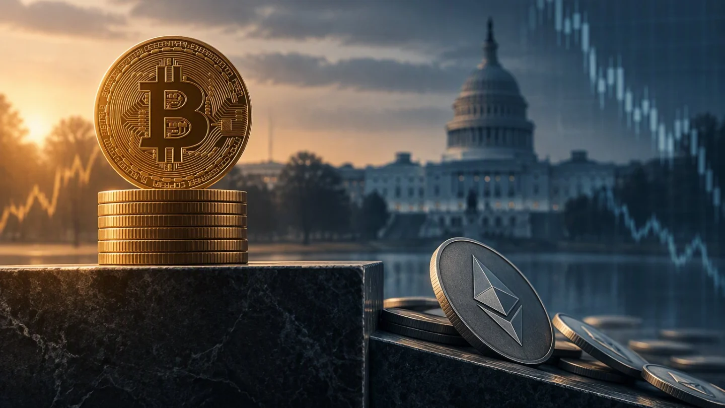 A gold bitcoin coin stacked above silver ether coins on a stone ledge, with the US Capitol and rising and falling price lines in a charcoal sky