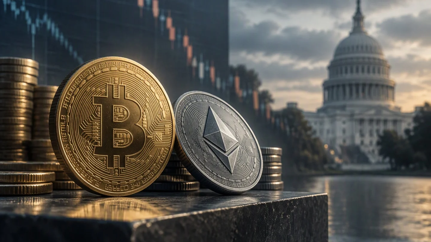 A gold bitcoin coin and a silver ether coin leaning on stacks of coins, with a falling candlestick chart and the US Capitol at dusk behind