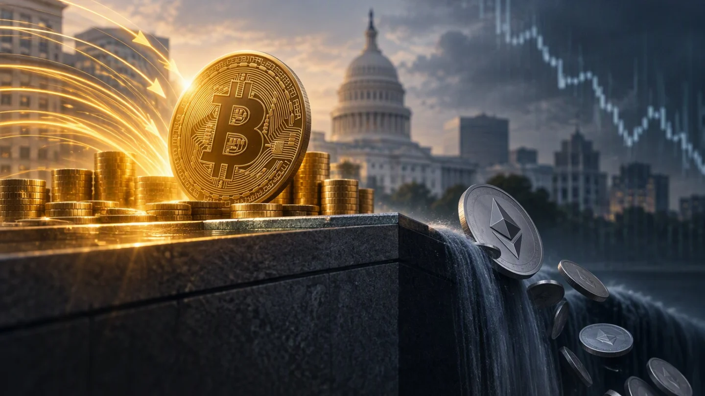 A gold bitcoin coin on a granite ledge as streams of light pour into stacks of gold coins, while silver ether coins spill over a waterfall, with the US Capitol and a falling chart behind