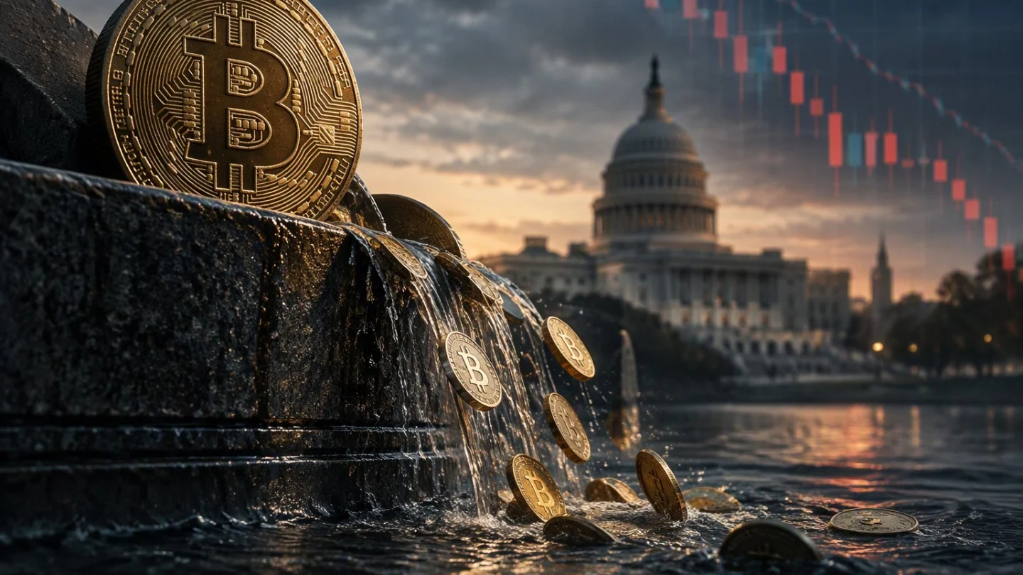 Bitcoin coins spilling over a stone ledge into dark water in front of the US Capitol, with a falling price chart in the sky, in charcoal, slate and blue