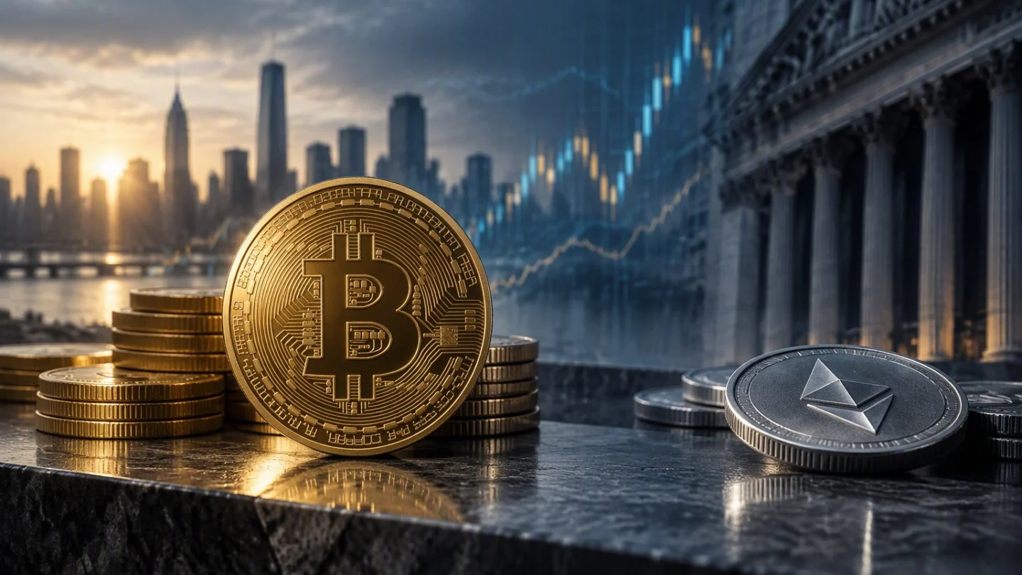 A gold bitcoin coin and a silver ether coin on a stone ledge in front of a financial district and columned exchange facade