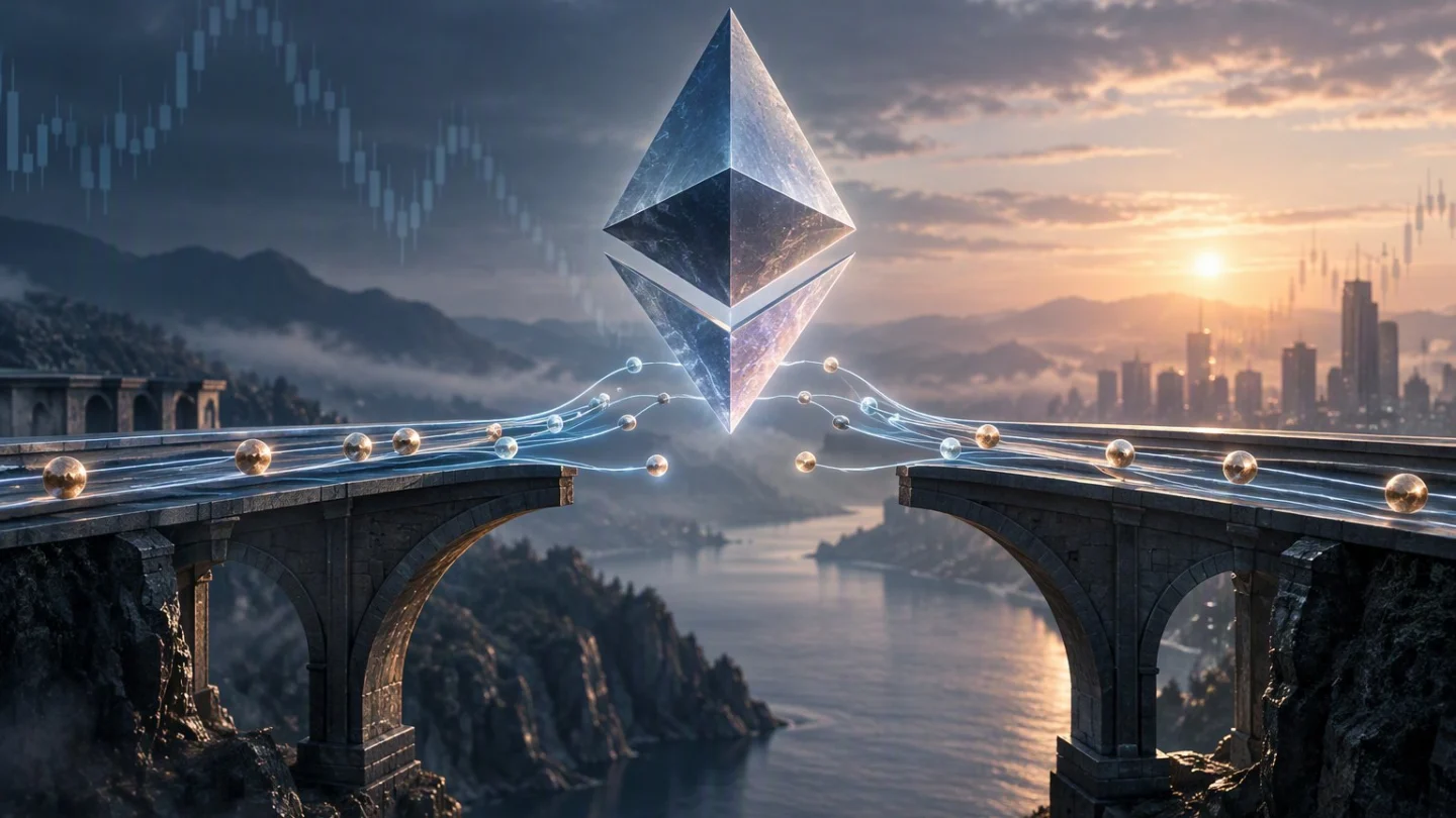 An ether symbol hovering over the gap between two halves of a stone bridge, joined by strands of light carrying glowing beads, above a bay at sunset