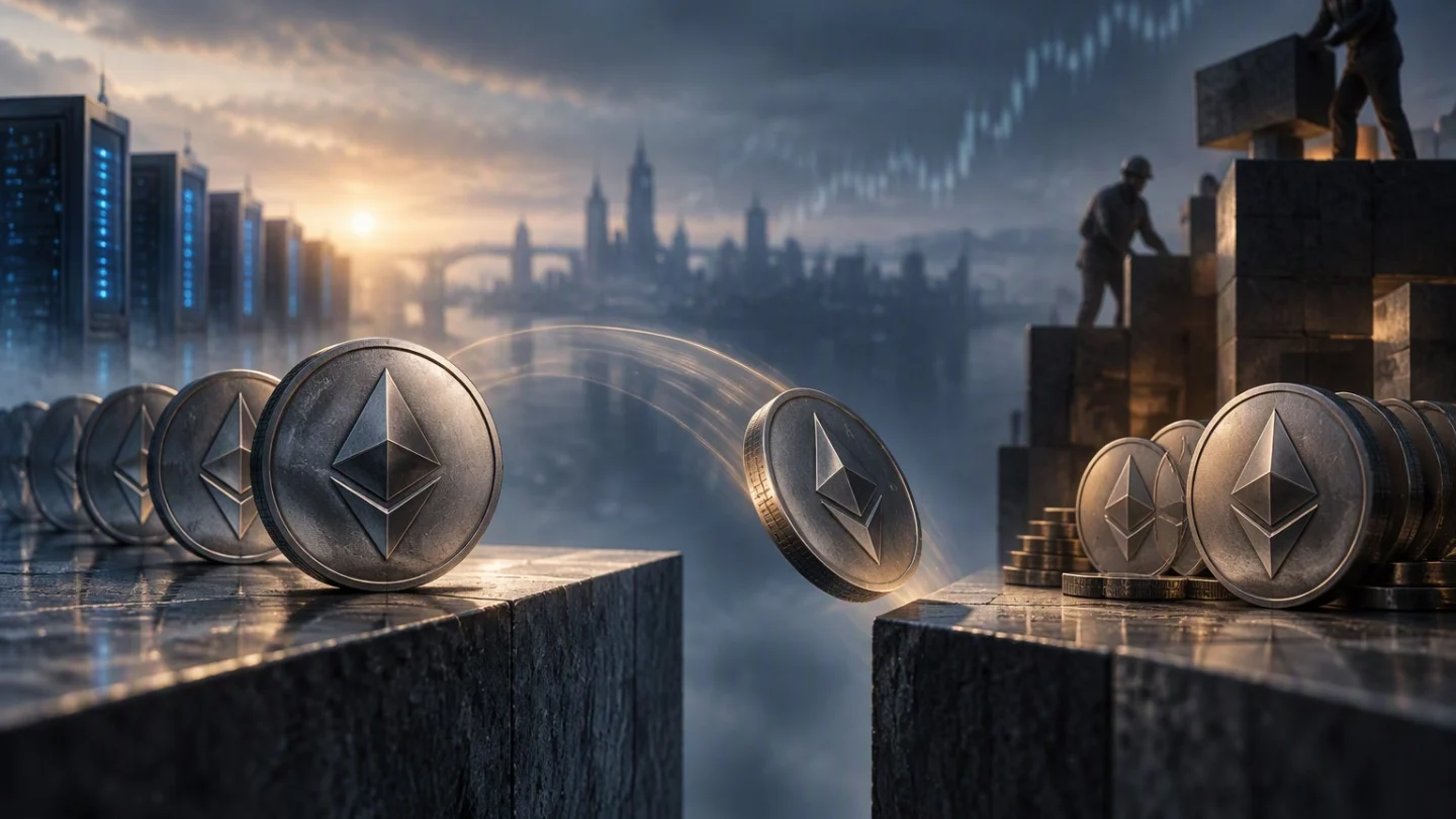 Editorial illustration of two deposit streams on Ethereum being separated into their correct lanes at an upgrade checkpoint
