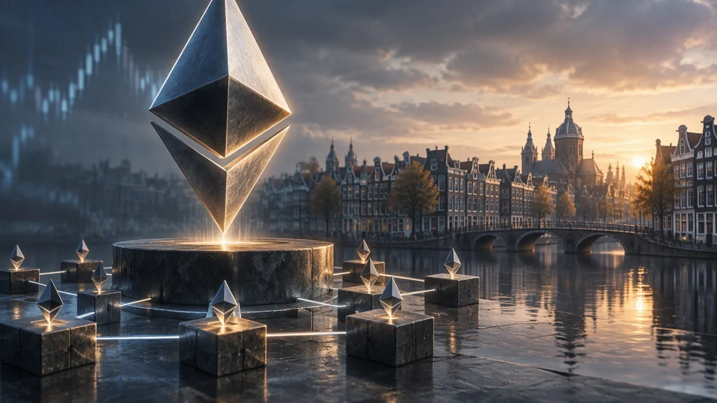 A large ether symbol above a stone platform and smaller glowing ether blocks beside a canal in Amsterdam at sunset
