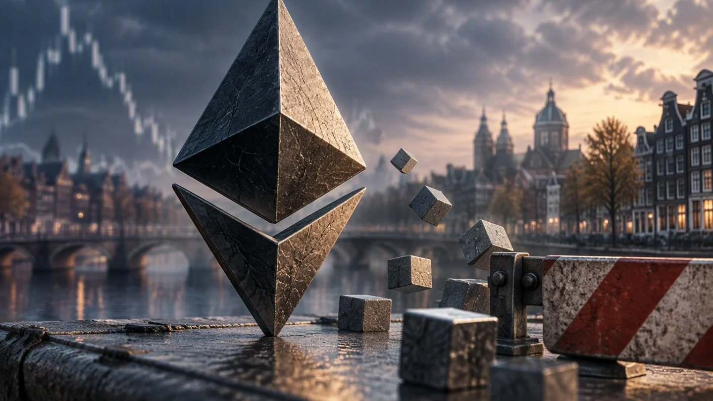 Editorial illustration of Ethereum's Glamsterdam upgrade on the Hoodi test network being paused