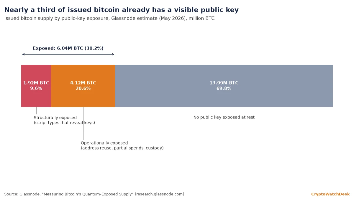 Issued bitcoin supply by public-key exposure: 6.04M BTC (30.2%) exposed, 13.99M not exposed