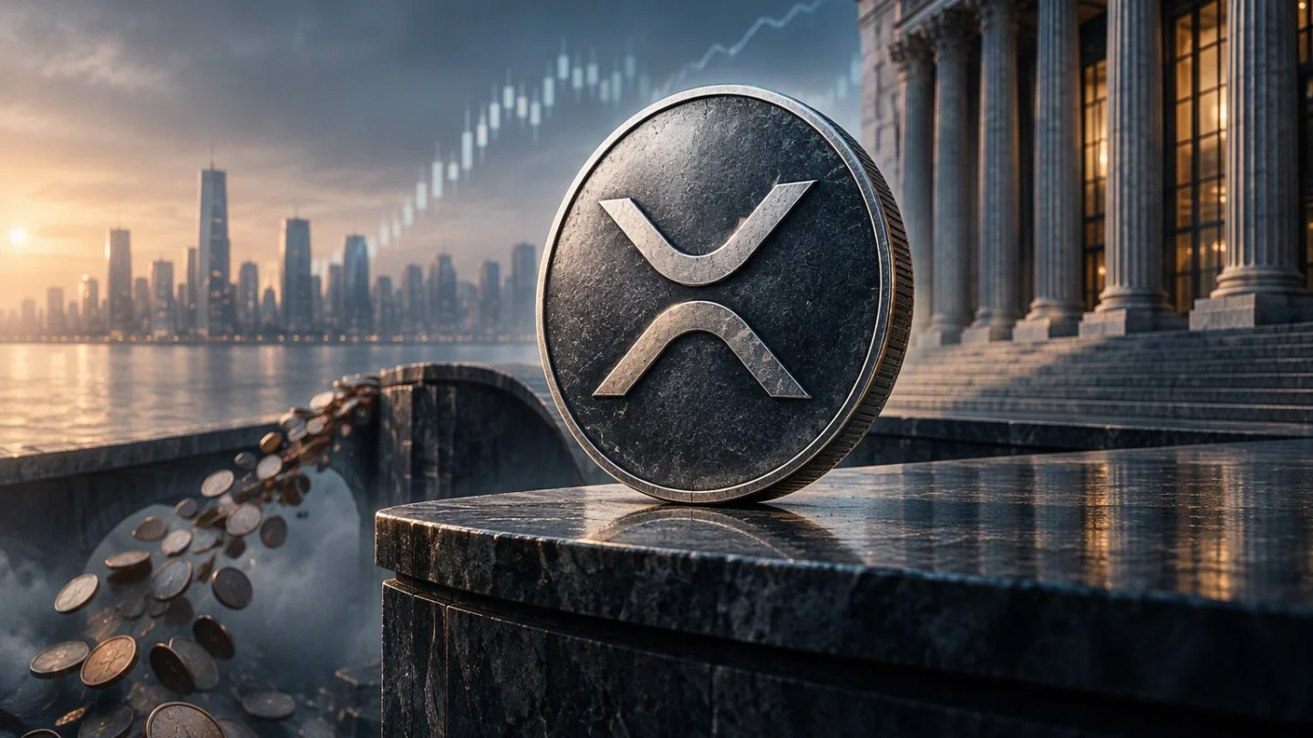 A large dark XRP coin standing on a stone ledge beside the columns of an exchange building, with smaller coins spilling away below