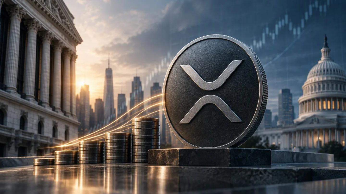 A large dark coin with an X symbol on a stone plinth beside rising stacks of coins, between a columned building and a domed capitol under a rising chart