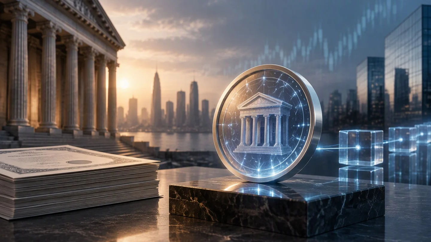 A glass coin engraved with a columned building stands on marble beside a stack of fund certificates, a city skyline behind