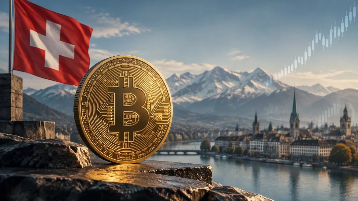 Editorial illustration of a bitcoin held inside a Swiss fund vault, with Switzerland highlighted on a map of Europe