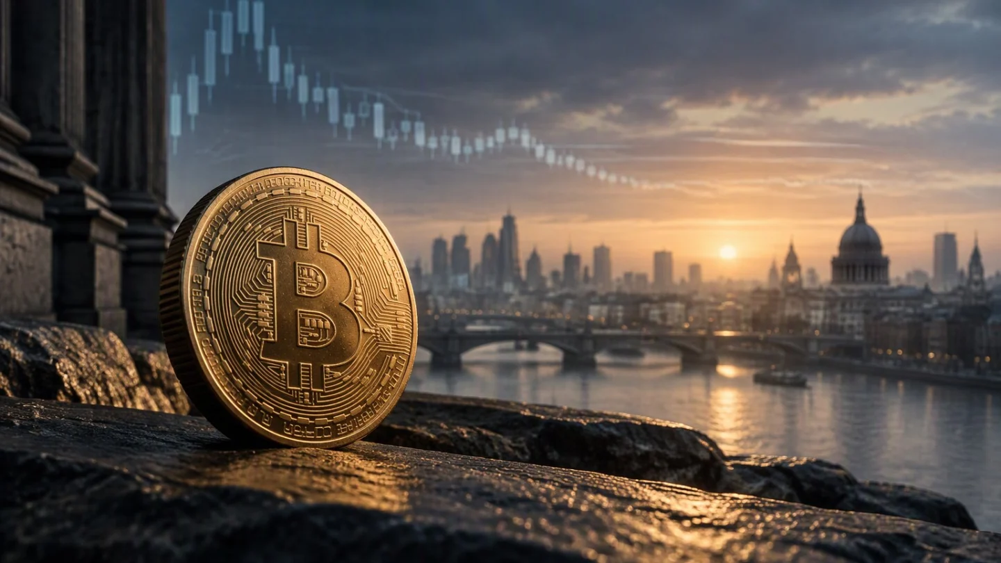 A gold bitcoin coin on a rock ledge above a river at dawn, with a faint candlestick chart in the sky