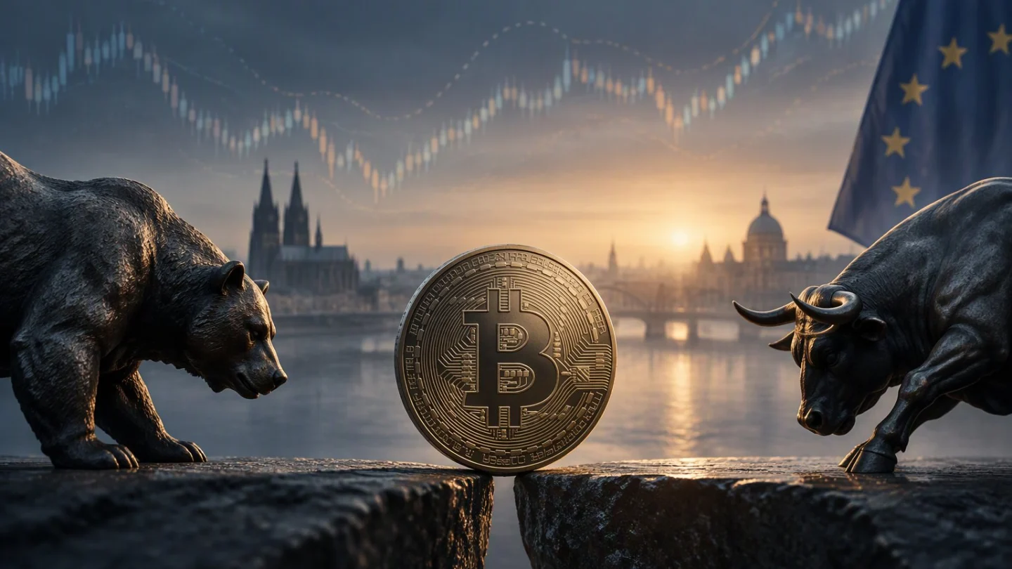 A bitcoin coin standing on a stone ledge beside a glowing volatility line chart over a city skyline at dusk