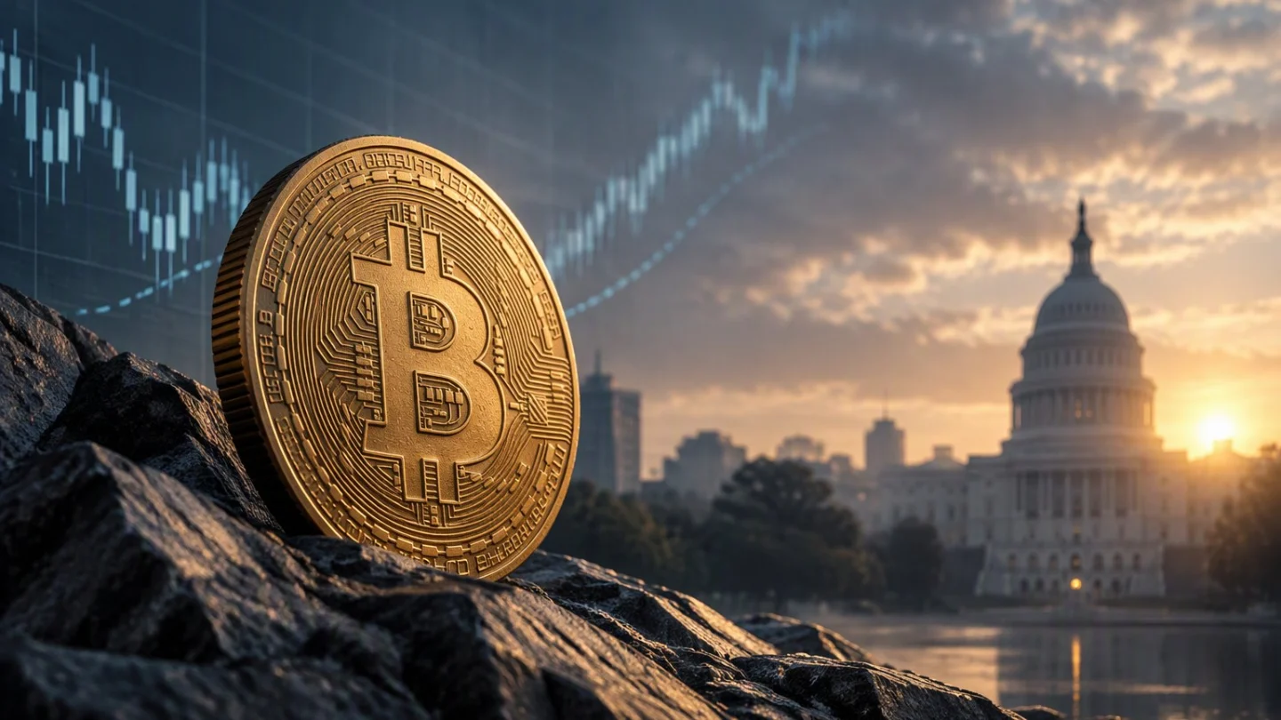 A gold bitcoin coin propped on dark rocks at dawn, with a rising price chart in the sky and the US Capitol across the water