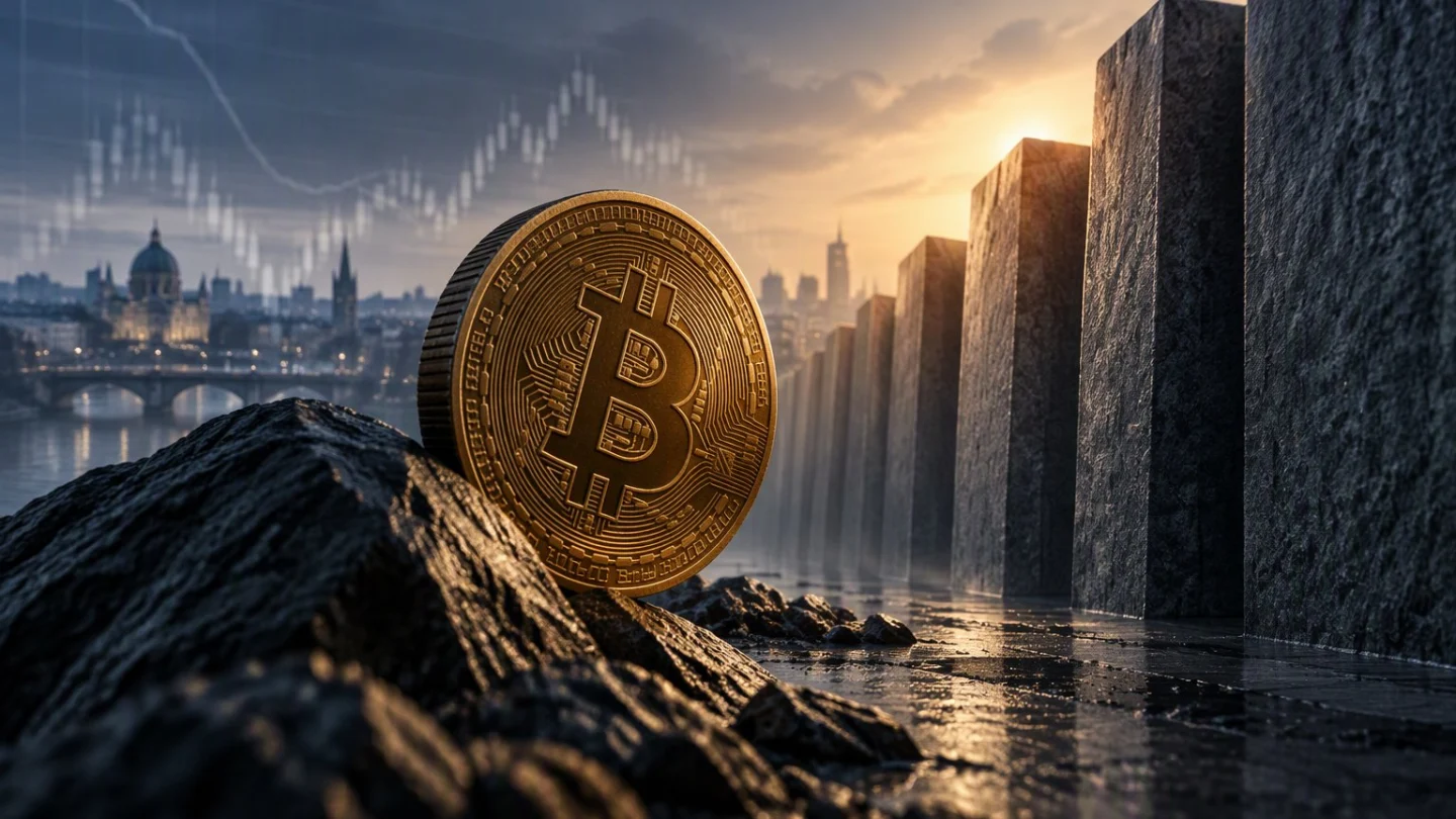 A gold bitcoin coin balanced on a stone ledge under a grey sky, with put-option strike markers etched into the rock and a distant European city skyline at dawn