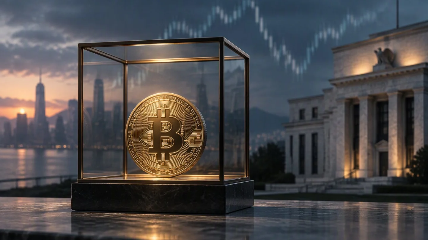 A gold bitcoin coin inside a glass display case on a marble plinth, with a columned central-bank building and a dusk city skyline behind