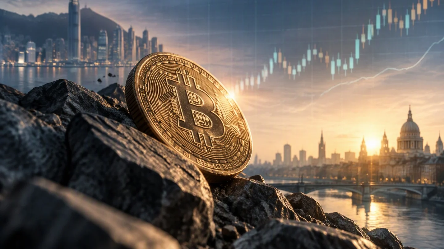 A gold bitcoin coin resting on dark rocks at dawn, with an Asian harbour skyline on one side, a European riverside city with a domed cathedral on the other, and rising candlesticks in the sky
