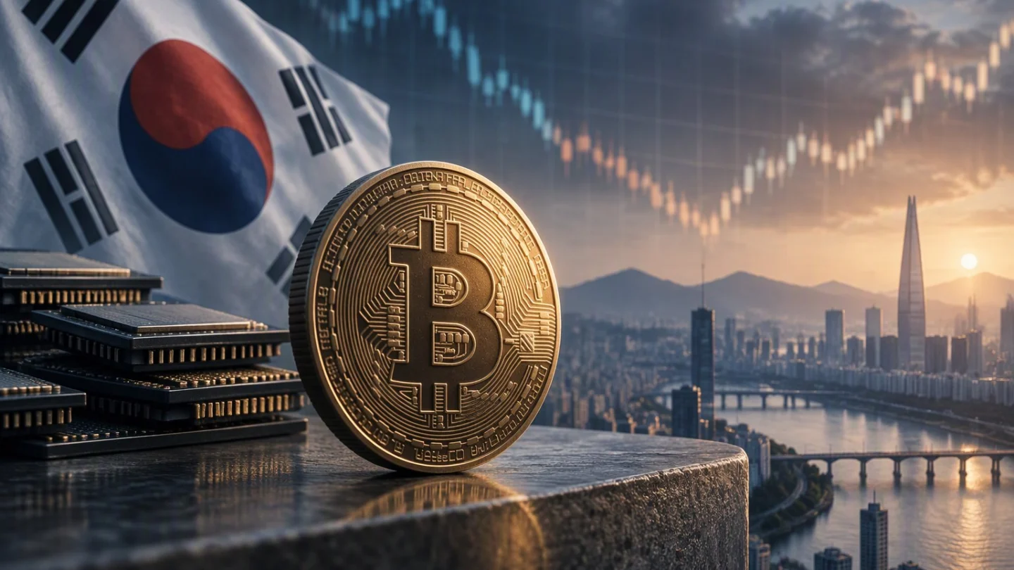 A gold bitcoin coin on a stone ledge beside stacked computer chips, with the South Korean flag, Seoul's skyline and the Han River at sunset behind a falling then rising candlestick chart