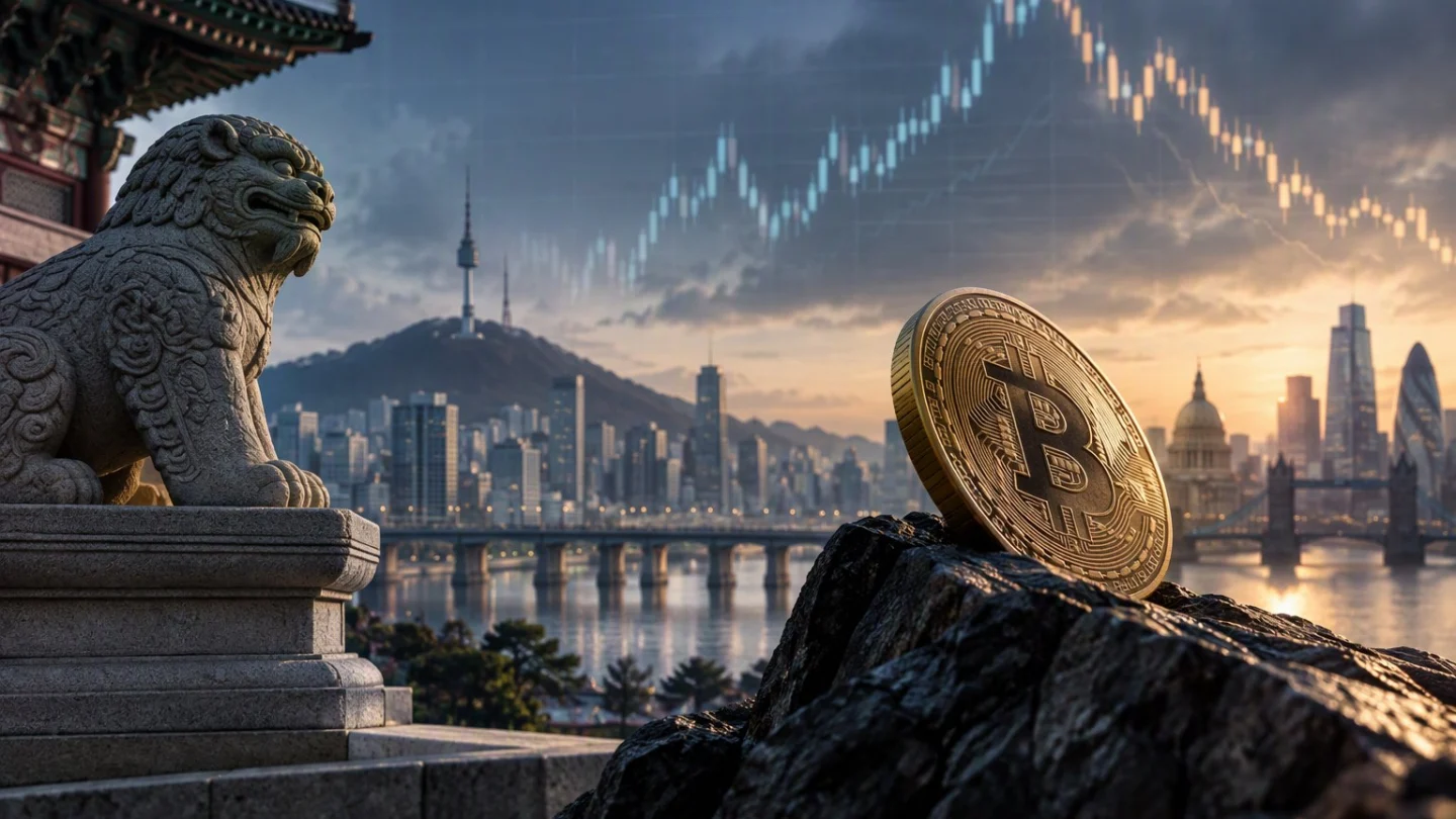 Editorial illustration for First Print, 21 Oct 2026: bitcoin holding flat while South Korean stocks rebound