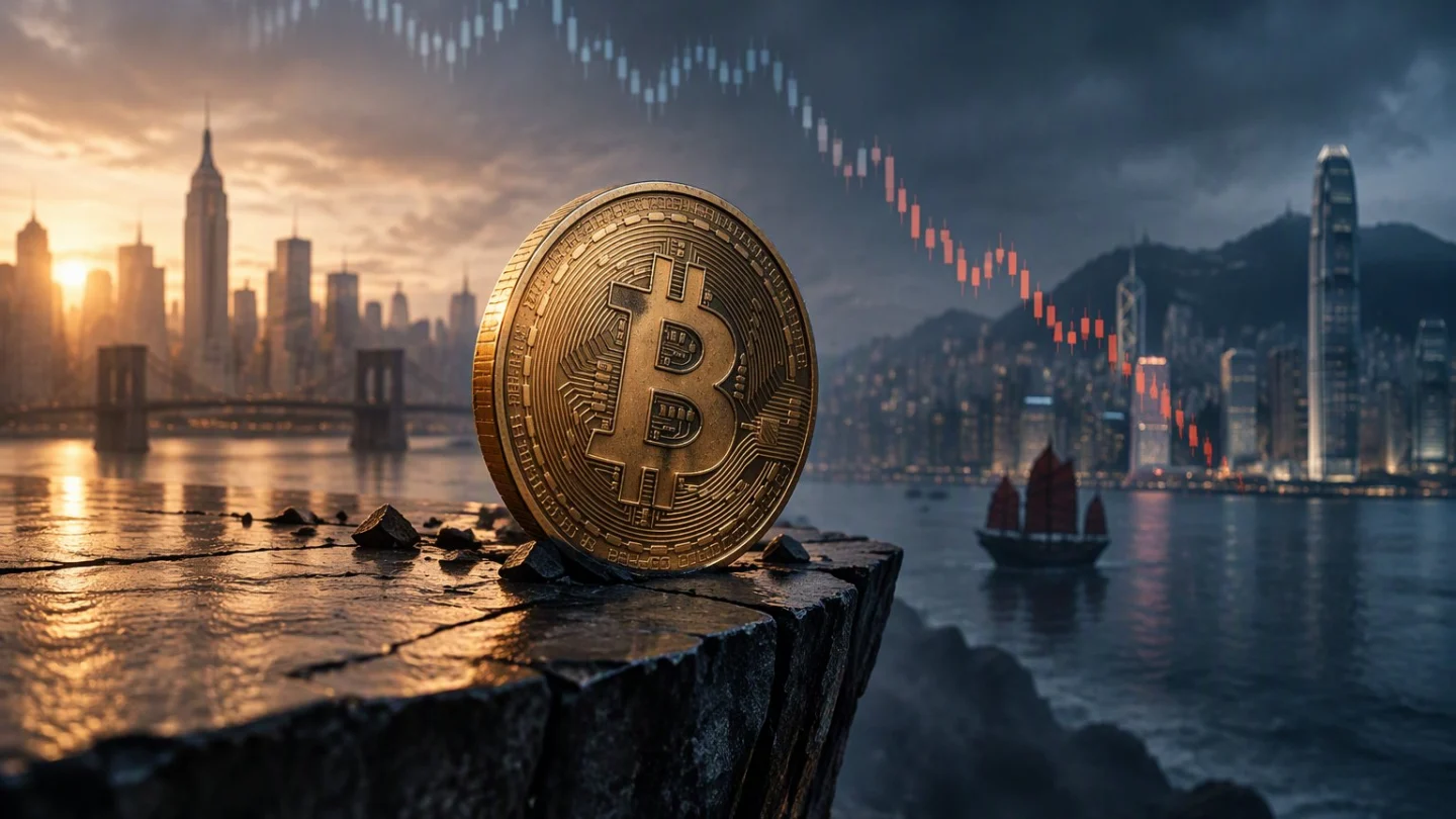 A bitcoin coin sliding down a dark ramp beneath a skyline of Seoul and Hong Kong at dawn, with South Korea and Hong Kong highlighted on a faint map, in charcoal, slate and blue