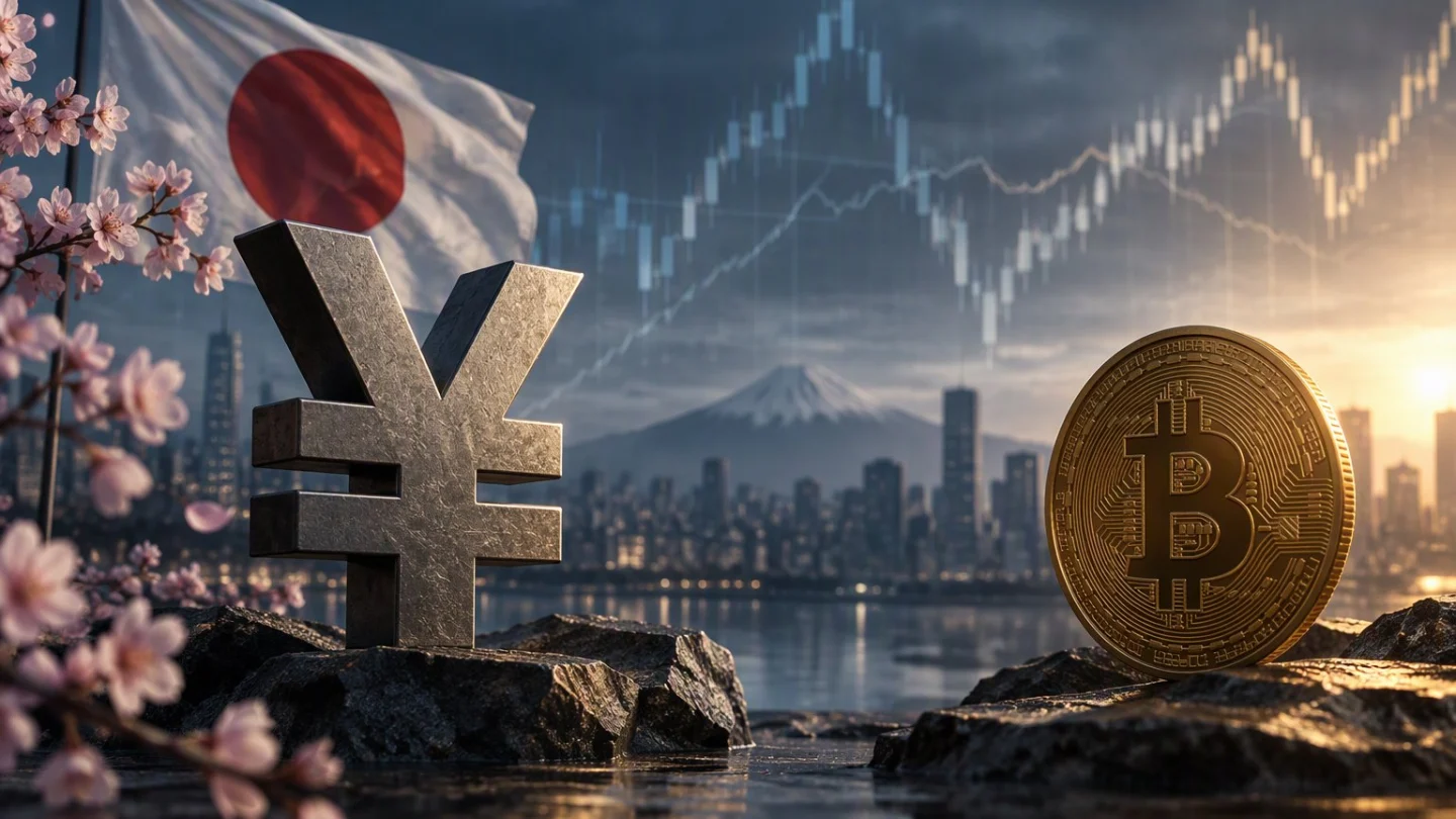 A bitcoin coin balanced on a tilting yen-shaped seesaw above a dim Tokyo skyline at dawn, with Japan highlighted on a faint map, in charcoal, slate and blue