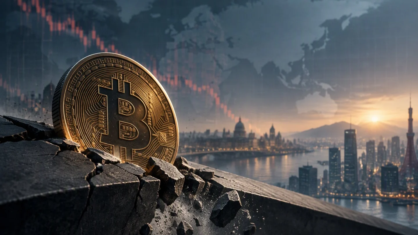 A single bitcoin resting on a cracked stone ledge just below a faint horizontal line, a dark trading floor emptying in the background after closing time, in charcoal, slate and blue