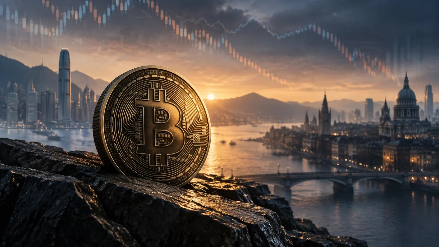 A single bitcoin on a dark rock above a city river at dusk, under a falling candlestick chart, in charcoal, slate and gold