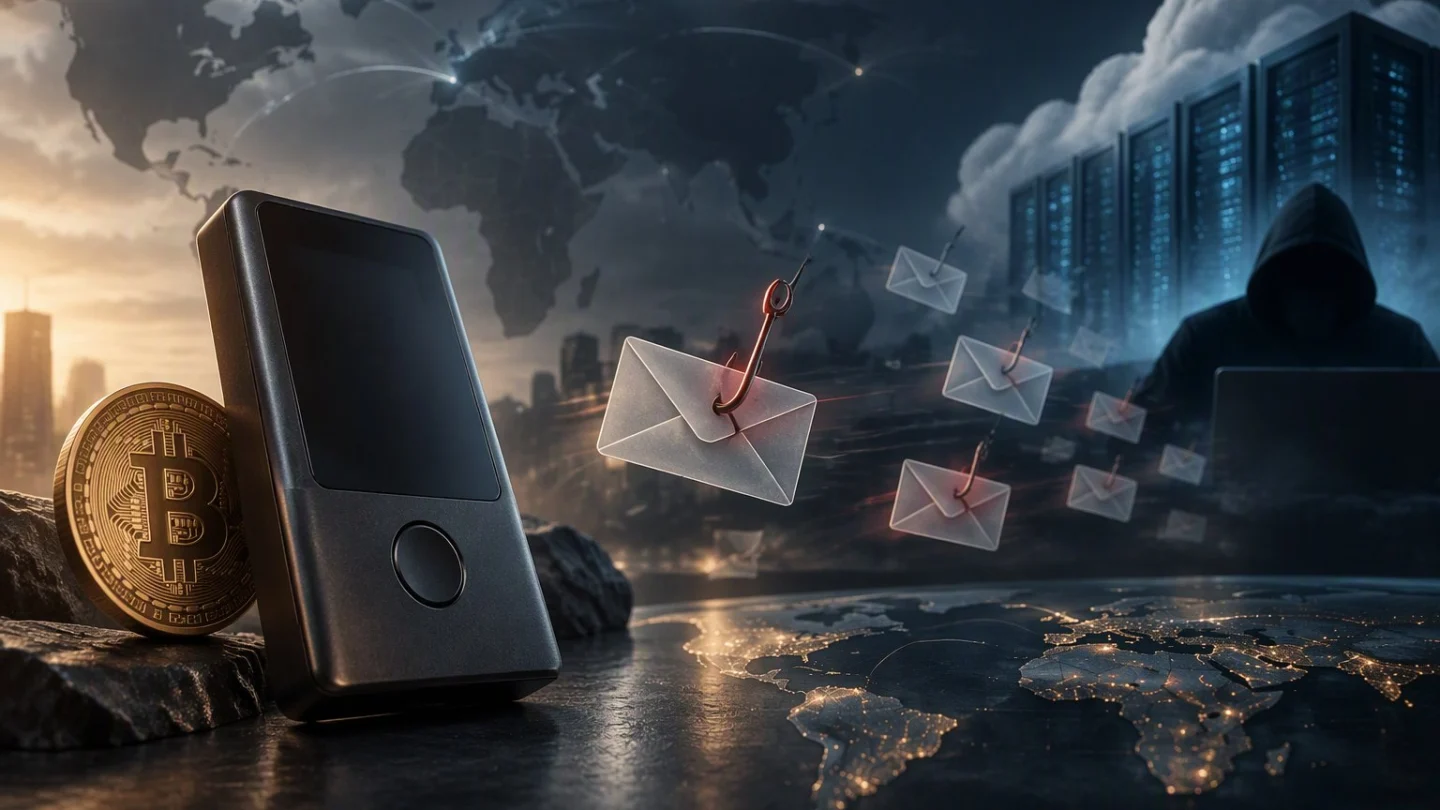 An envelope with an official-looking seal sliding out of a server rack while a small hardware wallet sits untouched in a locked case, in charcoal, slate and blue