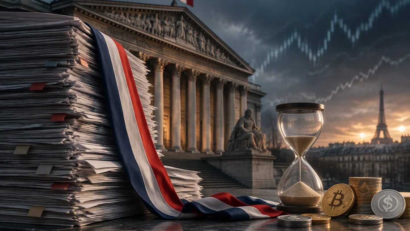 Tall stacks of amendment papers draped with a French tricolour, an hourglass and crypto coins in front of the National Assembly, with the Eiffel Tower at dusk