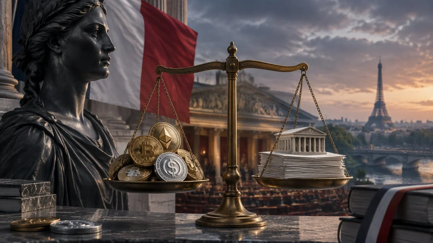 Brass scale holding crypto coins against a stack of papers, with a statue, a French flag and the Eiffel Tower behind