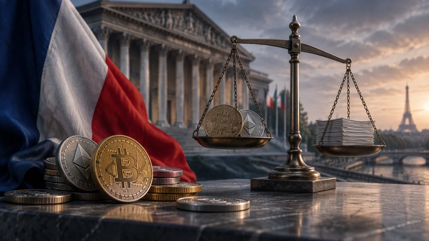 Bitcoin and ether coins on a marble ledge and in the pan of a brass balance scale weighed against a stack of papers, with a French flag, a colonnaded parliament building and the Eiffel Tower at dusk behind
