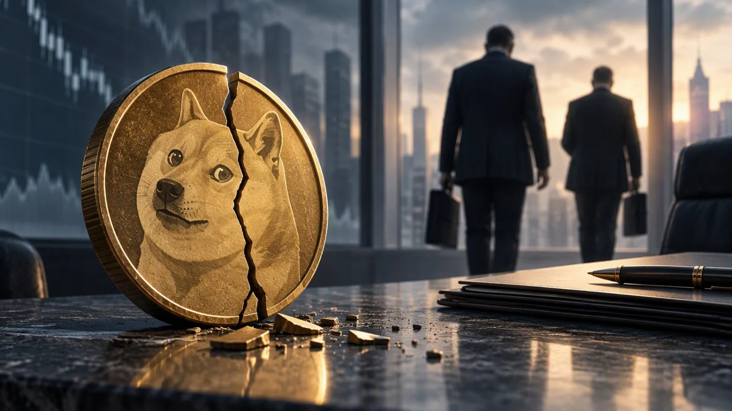 A cracked gold coin with a dog face on a dark desk, with two men in suits carrying briefcases walking away past an office window