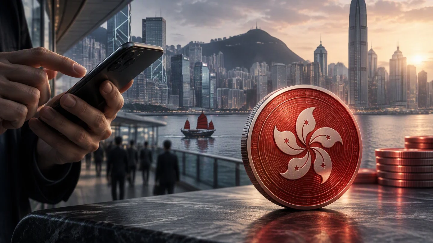 A red-edged coin resting on a smartphone screen above a stylised Hong Kong harbour skyline at dusk, with Hong Kong highlighted on a faint map, in charcoal, slate and blue