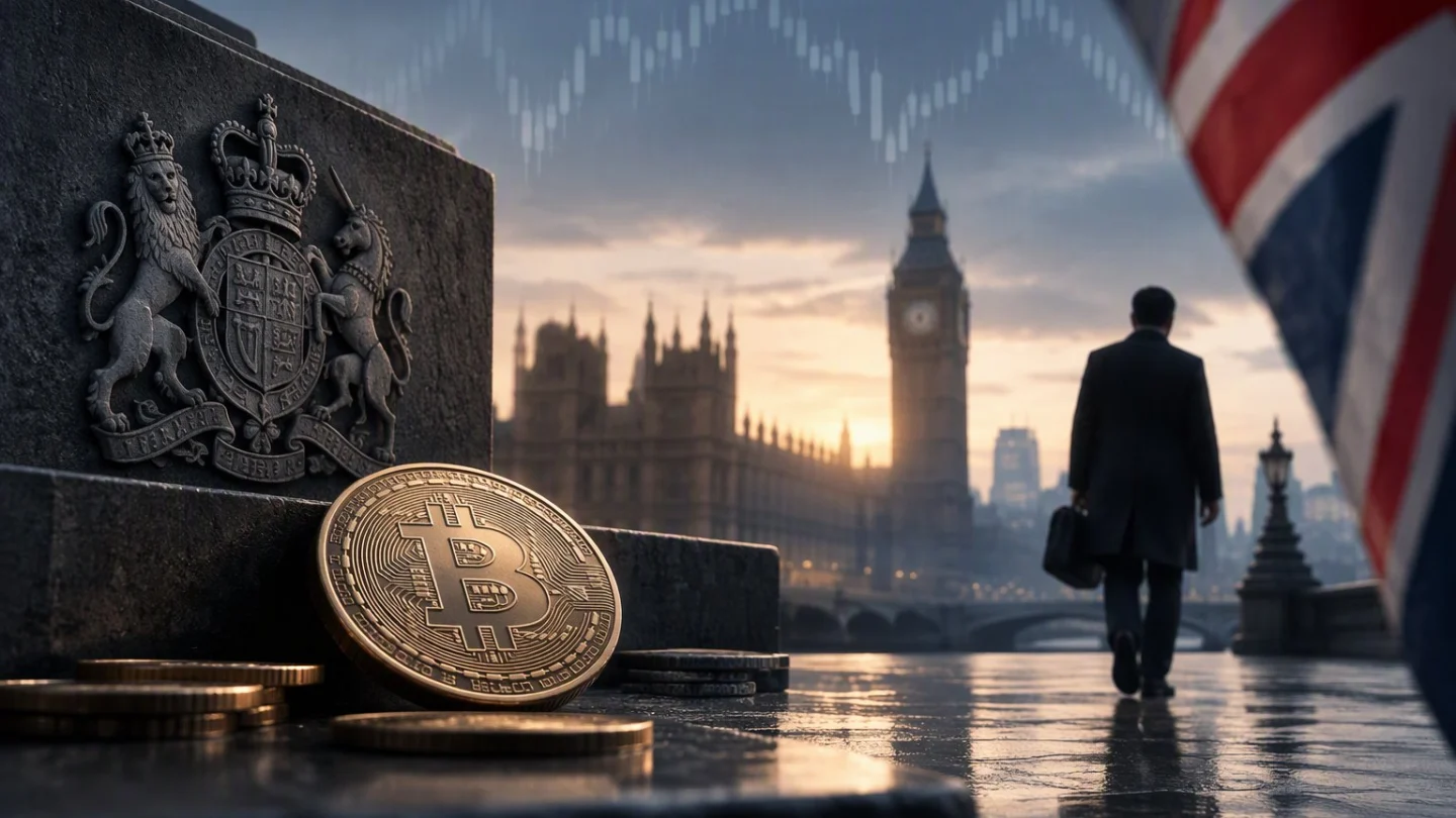 A lone figure with a briefcase walks away along the Thames embankment at dusk past a bitcoin coin and a carved royal crest, with Westminster and a Union flag behind