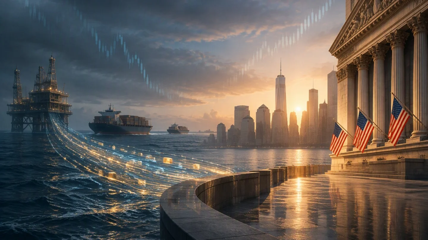 A classical stock exchange facade at dusk with a glowing ribbon of continuous price lines flowing out of its doors, the United States highlighted on a faint map behind it
