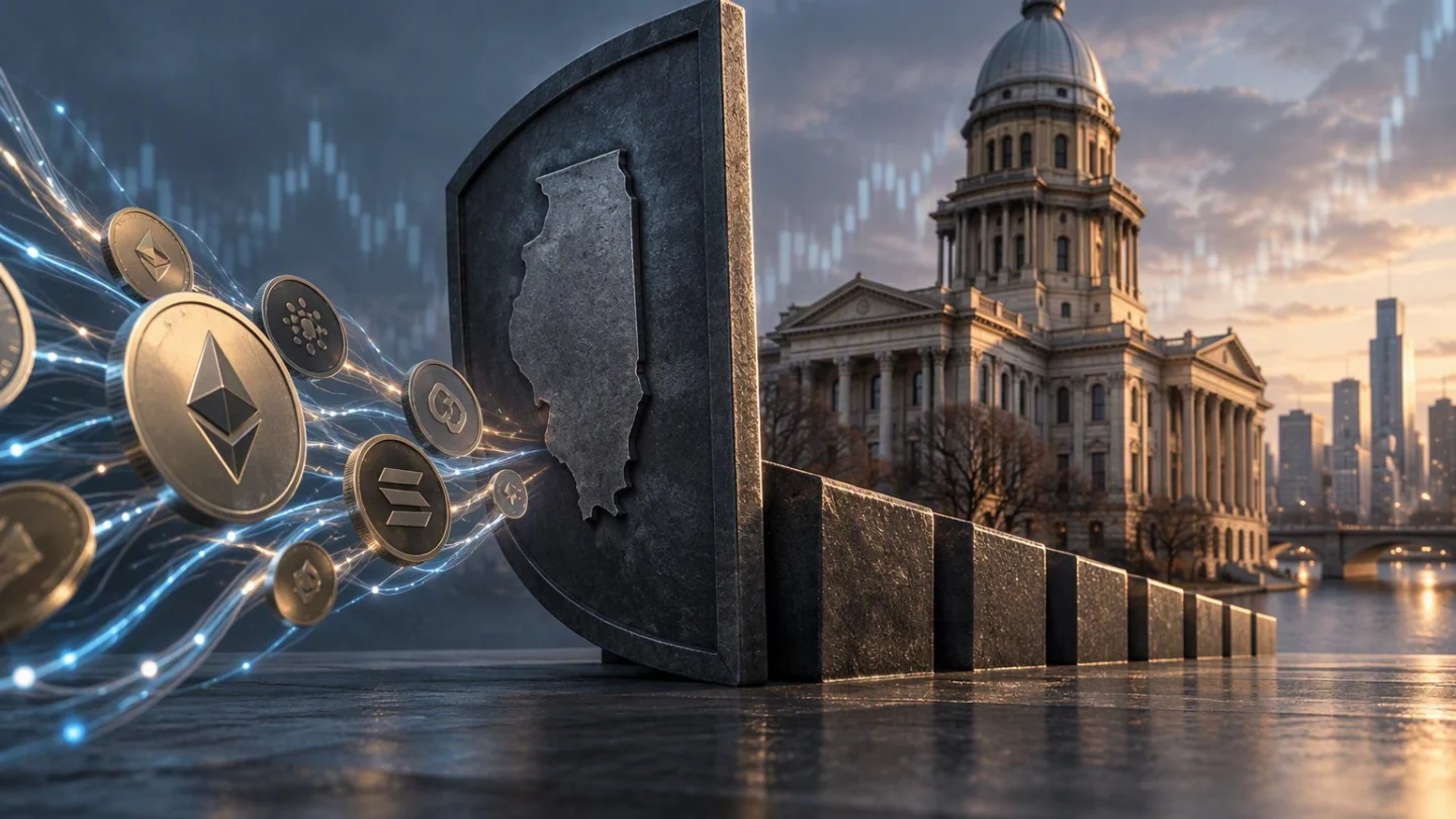 Crypto coins streaming on threads of light toward a stone shield bearing the outline of Illinois, in front of a domed state capitol, in charcoal, slate and blue